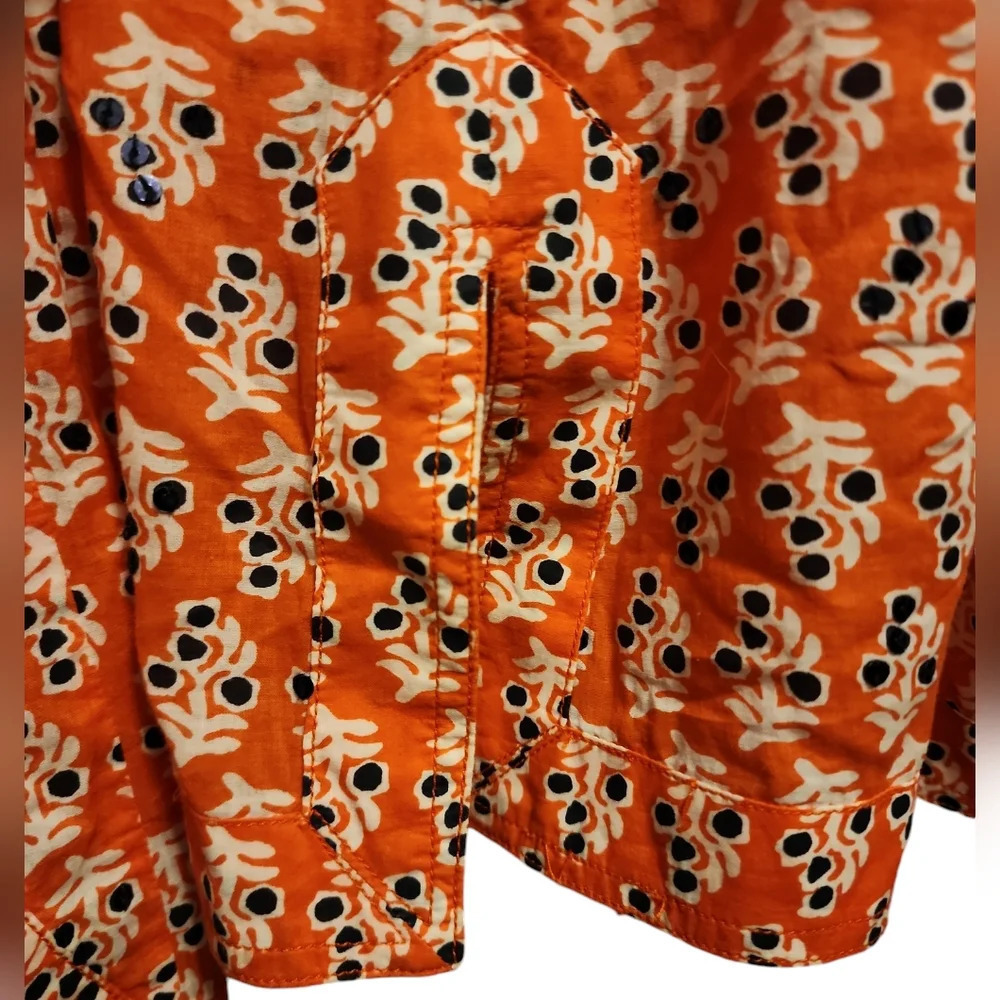 TORY BURCH Orange Navy & White Floral Printed Sequin Lightweight Tunic Top Sz 6 - Picture 7 of 7